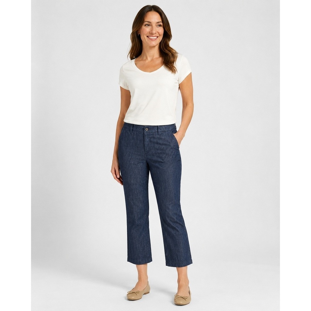 NYDJ Trouser Jeans Womens 6 Blue White Railroad Striped Nautical Linen Blend‎